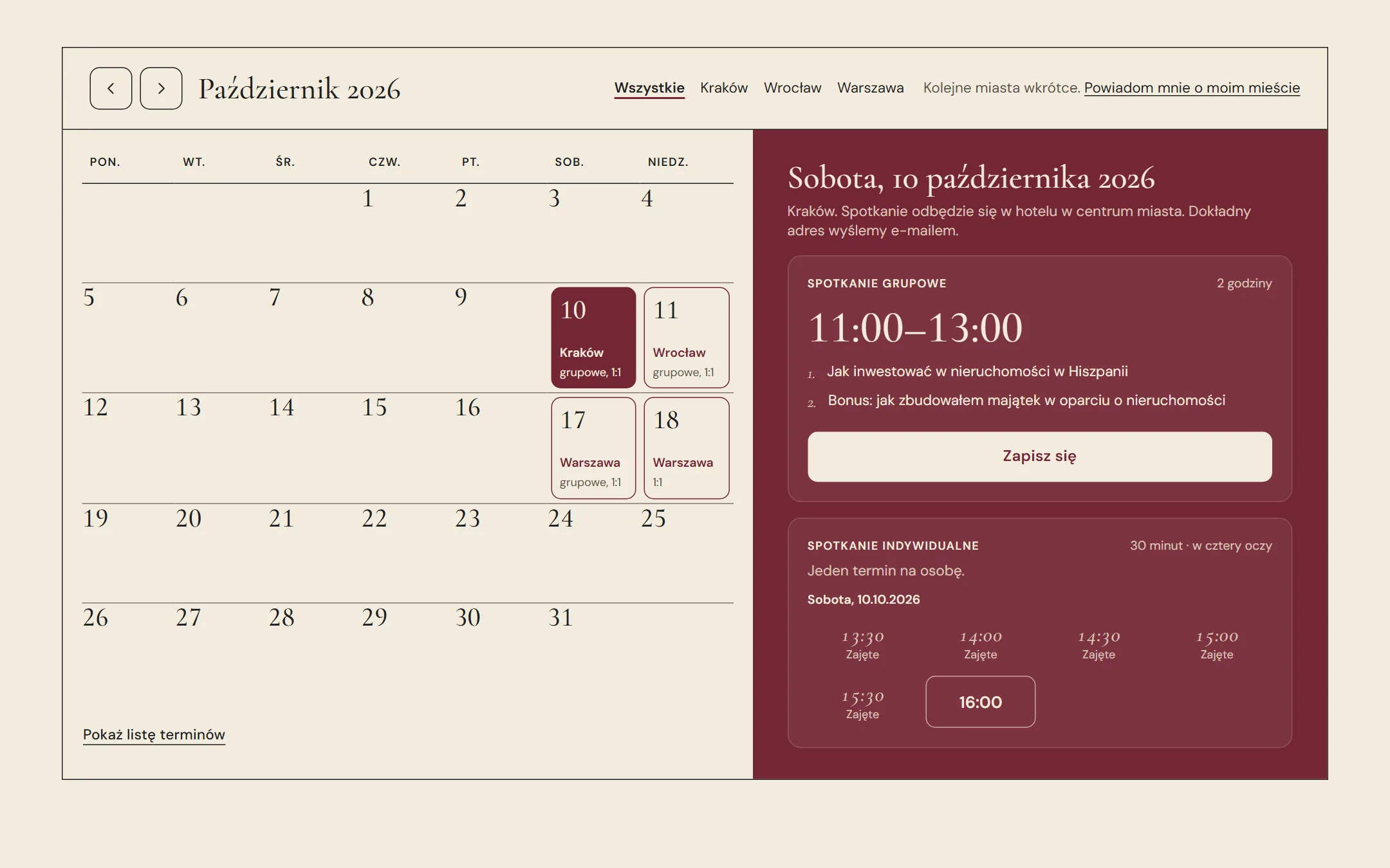 Kalendarz: miasto, termin i wolne godziny 1:1 w jednym widoku.